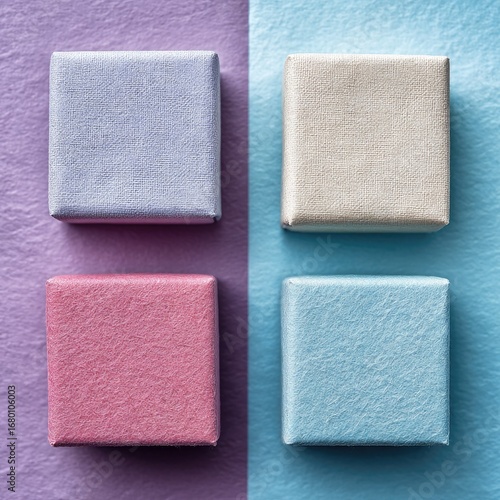 Four pastel-colored small square boxes on a split background
