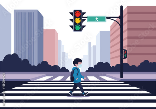 A young boy wearing a mask crosses a busy city street at a pedestrian crosswalk under a traffic light