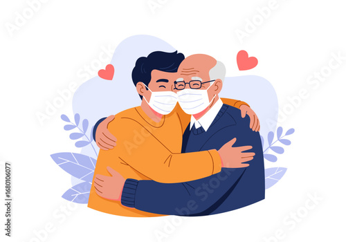 Young man embracing elderly grandfather wearing face masks showing affection and care during pandemic times