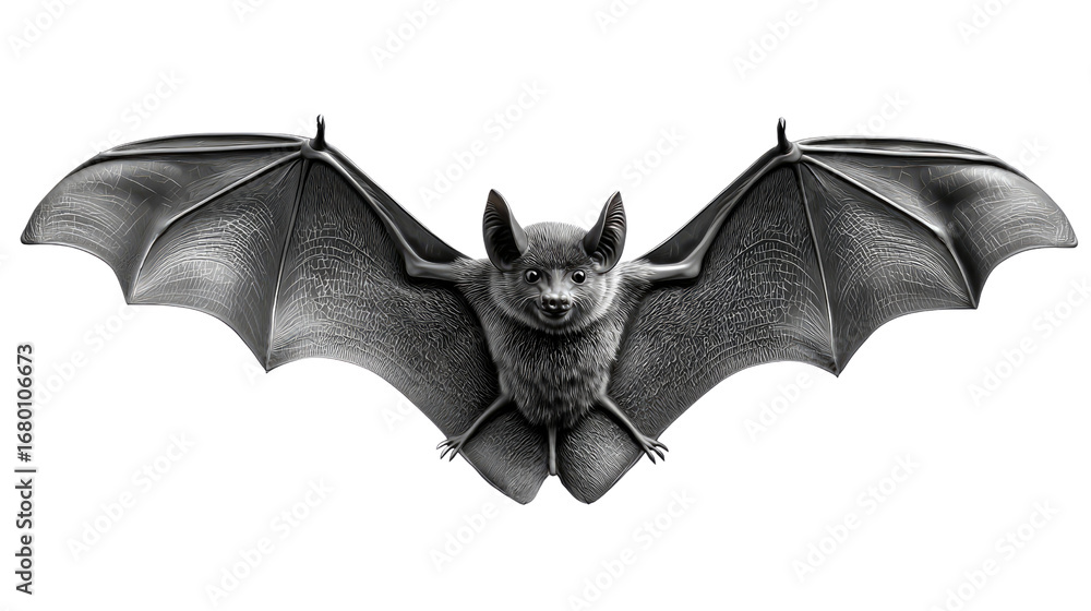 Obraz premium Nocturnal Embrace: A majestic bat, with outstretched wings, embodies mystery and charm in a striking close-up image, showcasing the creature's unique features and sleek, dark silhouette. 