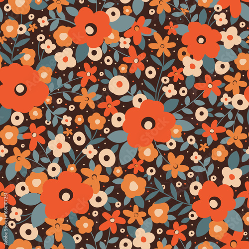 Seamless floral pattern, Small orange and peach flowers. dark background. Ditsy floral texture. A allover floral design. calico, winter floral fabric, retro, vintage, present, gift, birthday