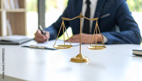 Golden scales of justice on a lawyer's desk