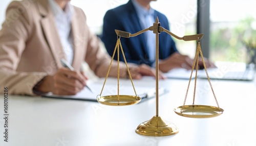 Golden scales of justice on a lawyer's desk