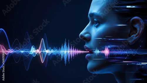 Futuristic digital representation of a human face interacting with a vibrant sound wave visualization symbolizing voice technology and artificial intelligence