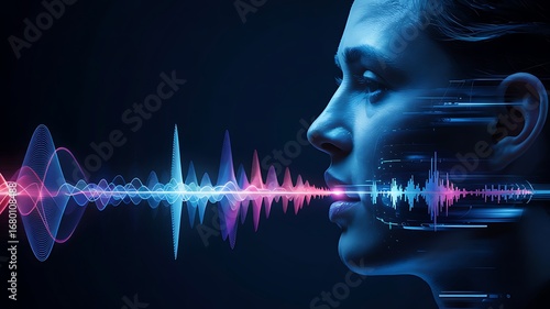 Abstract visualization of a human profile speaking with a vibrant colorful sound wave emanating from their mouth in a dark futuristic setting