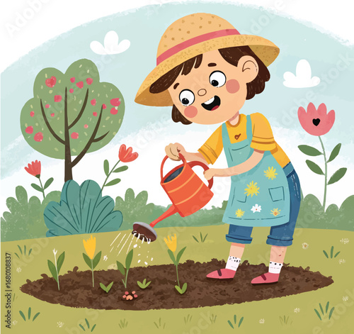 Girl Watering Plants in a Sunny Garden Illustration