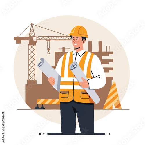 Flat 2D vector illustration of a male construction worker in a hard hat and safety vest, holding blueprints on a building site with a crane, simplified style.