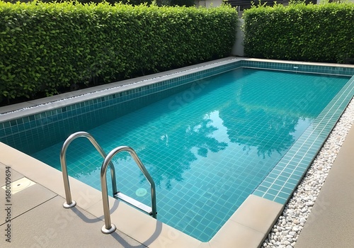 Bright blue water fills the rectangular swimming pool surrounded by green hedge and stones