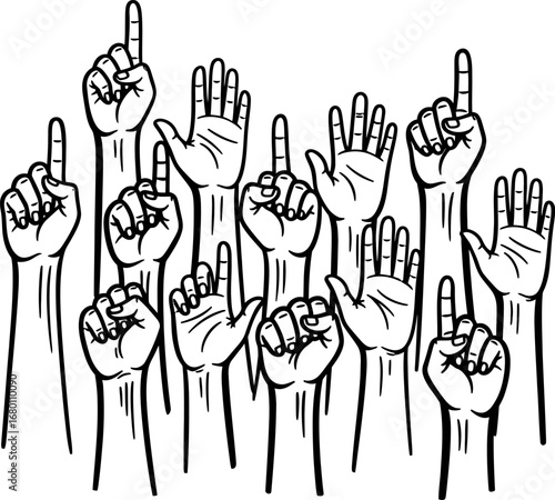 Raised Hands in Unity: Black and White Line Art Illustration