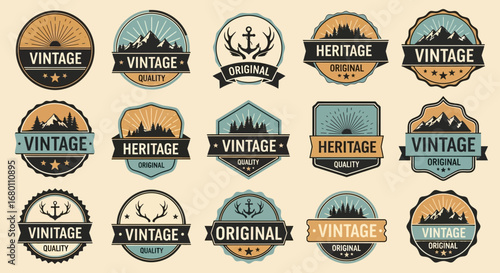 A diverse collection of vintagestyle heritage and adventure badges featuring mountains anchors and antlers.