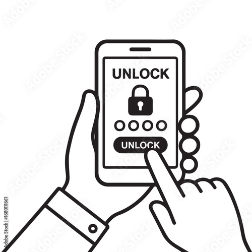 Vector illustration of a smartphone requiring password unlock, displayed in black and white theme with bold black outline, minimalist flat design, simple digital security concept.