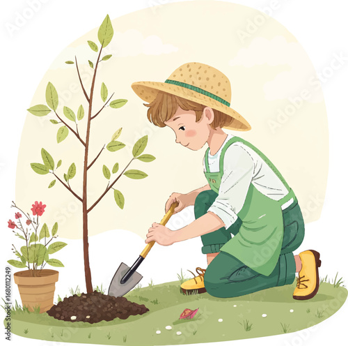 Illustration of a Child Planting a Tree in a Garden with Gardening Tools