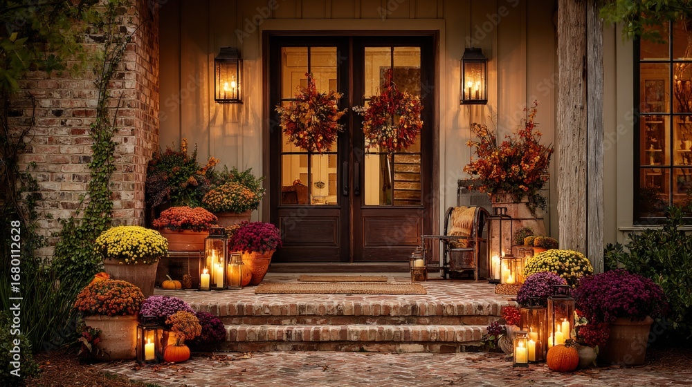 Obraz premium Welcoming Autumn: Festive Home Entrance with Floral Wreaths, Pumpkins, Mums, and Candlelight Illuminating a Cozy Fall Ambiance