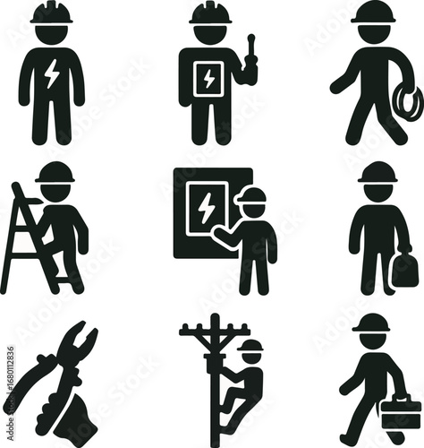 Electrician icons set showcasing electrical work, repairs, and safety in a modern, professional style