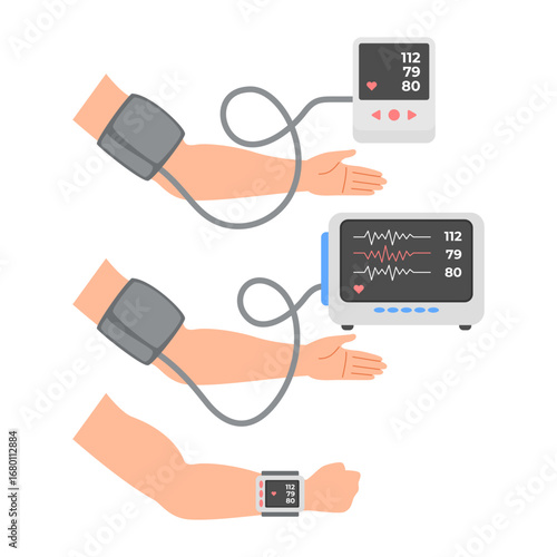 Different types of Blood Pressure Monitor device types set collection with hands or arm physical checkup. Digital, ICU, Smartwatch. Medical healthcare treatment. Vector illustration