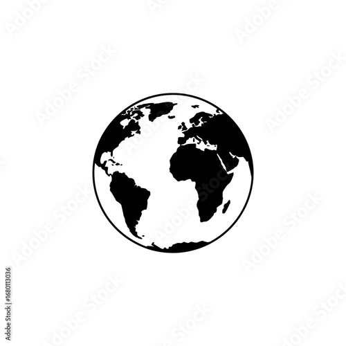 Black and white globe showing continents a simplified Earth representation.