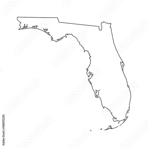 Detailed Outline Map of Florida State with Intricate Coastal Features.