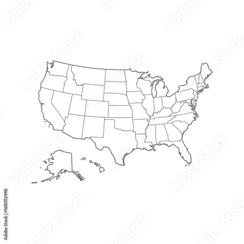 Outlined United States Map with State Borders Including Alaska and Hawaii.