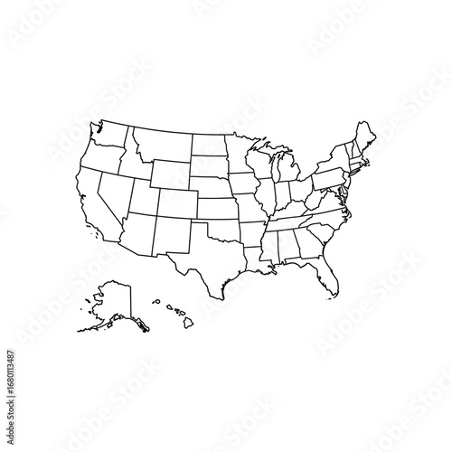 Outlined United States Map Including Alaska and Hawaii.