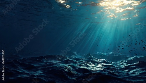 Wallpaper Mural Sunbeams pierce deep ocean, illuminating dark seabed and scattered fish Torontodigital.ca