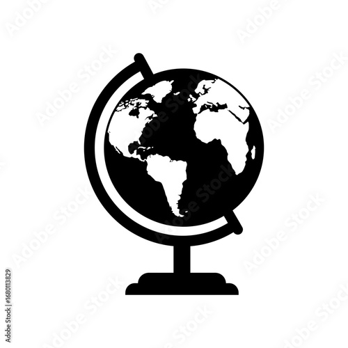 Stylized black and white globe with visible continents and a stand.