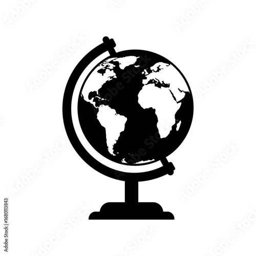 Stylized Black and White Globe with Stand Depicting Continents.