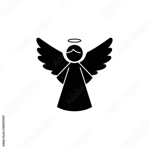 Stylized Black Angel Silhouette with Halo and Feathered Wings.