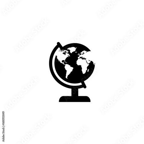 Stylized Black and White World Globe Icon with Stand and Axis.