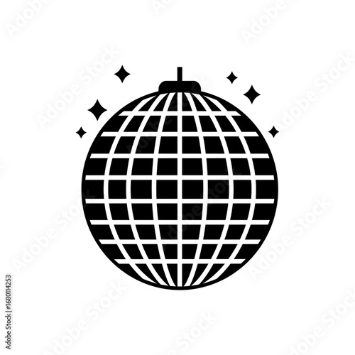 Stylized Disco Ball with Sparkling Accents in Black and White Silhouette.