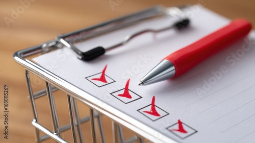 Wallpaper Mural Student shopping on budget, A close-up of a clipboard with checkboxes, a red pen, and a metal basket, symbolizing organization and task completion. Torontodigital.ca