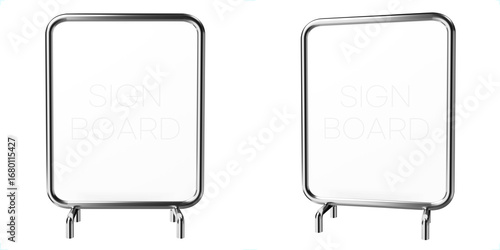 Two angles of a metal framed stand sign. A cute 3D icon.