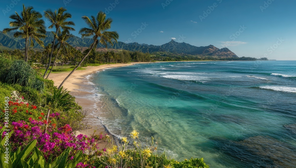 Fototapeta premium Pristine beach with turquoise water, palm trees, and vibrant flowers under a clear sky