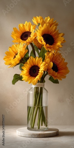 Wallpaper Mural Minimalist bouquet of 12 sunflowers in clear glass vase with visible stems and water, tied with white ribbon on round marble table, soft natural daylight, ultra-realistic high detail
 Torontodigital.ca