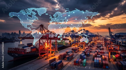Global logistics network illustrated over a busy shipping port at sunset with interconnected digital nodes representing worldwide trade routes