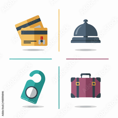 Hotel icons for travel planning, bookings, and hospitality services with room service and payment