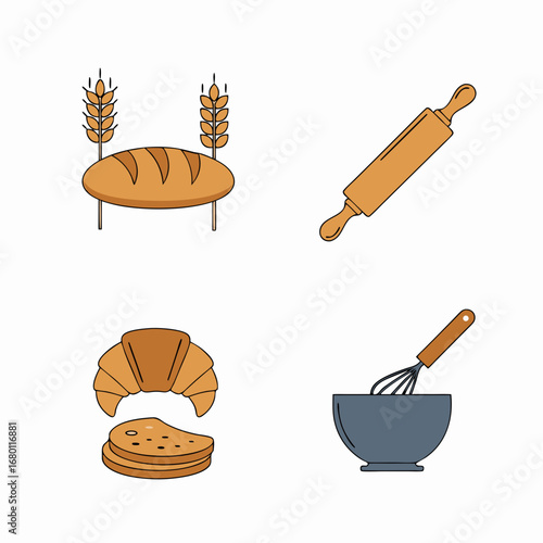 Freshly baked bread, croissant, and rolling pin for baking enthusiasts and culinary projects alike