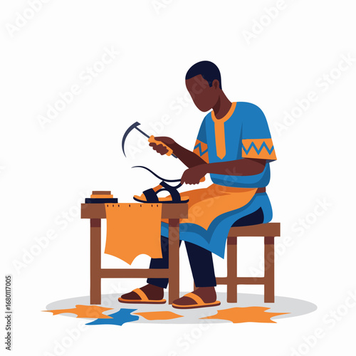 Skilled artisan crafting leather sandals with traditional tools in vibrant workshop setting culture craftsmanship