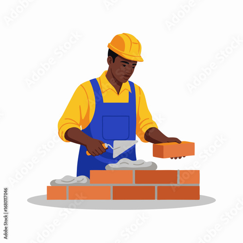 Hardworking construction worker laying bricks with trowel for new building project success