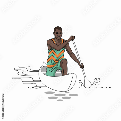Powerful rower propelling canoe through water with strength and determination for fitness concept