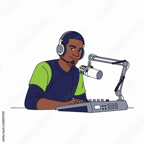 Engaging young podcast host broadcasting live with microphone, modern studio vibes