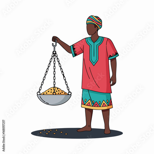 African man weighing gold dust with traditional scale for trade and wealth concept