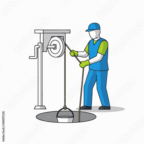 Handyman lowering bucket into well with pulley system, illustrating water access and traditional methods