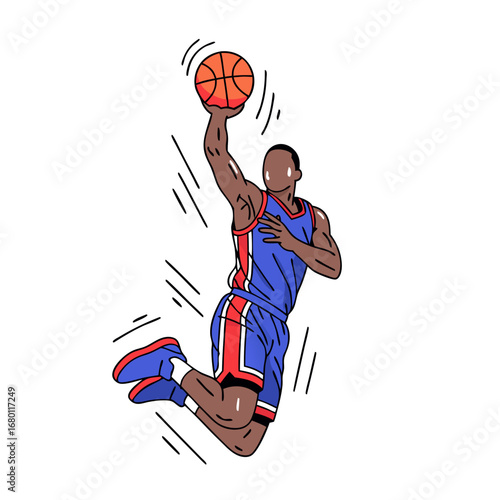 Dynamic basketball player soaring for slam dunk, sports action and athletic skill illustration