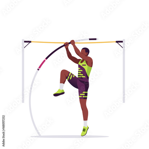 Focused athlete vaulting over bar with pole, determination and strength, soaring to new heights, success