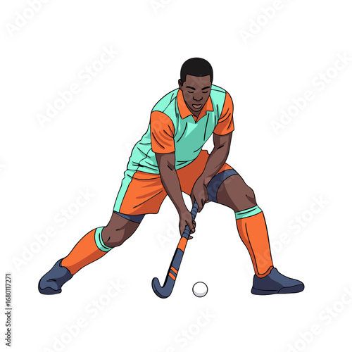 Intense field hockey player poised to strike the ball with focus and determination for victory