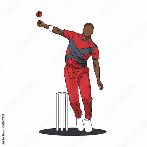 Dynamic cricket bowler poised to deliver a fast ball, athletic action sports illustration