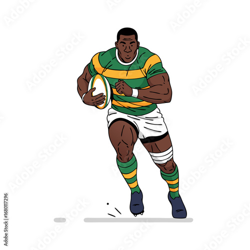 Powerful rugby player sprinting with the ball ready to score the winning try in the championship game