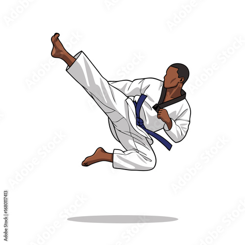 Dynamic martial artist executes a powerful kick, embodying strength and discipline in every movement