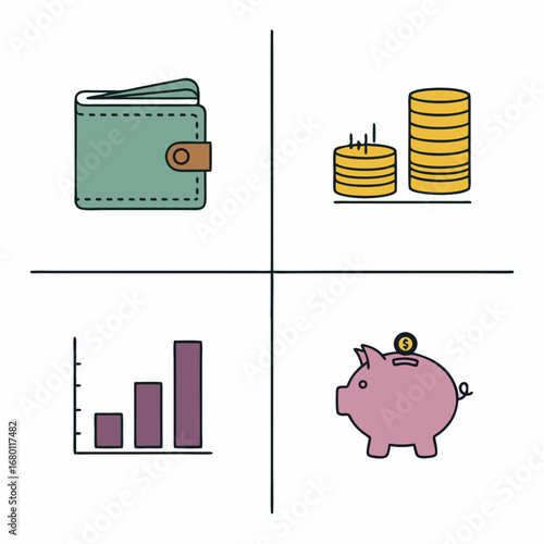 Financial growth and savings with modern chart, piggy bank, wallet and gold coins icon set