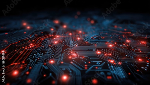 Abstract digital circuitry with glowing red nodes and blue pathways
